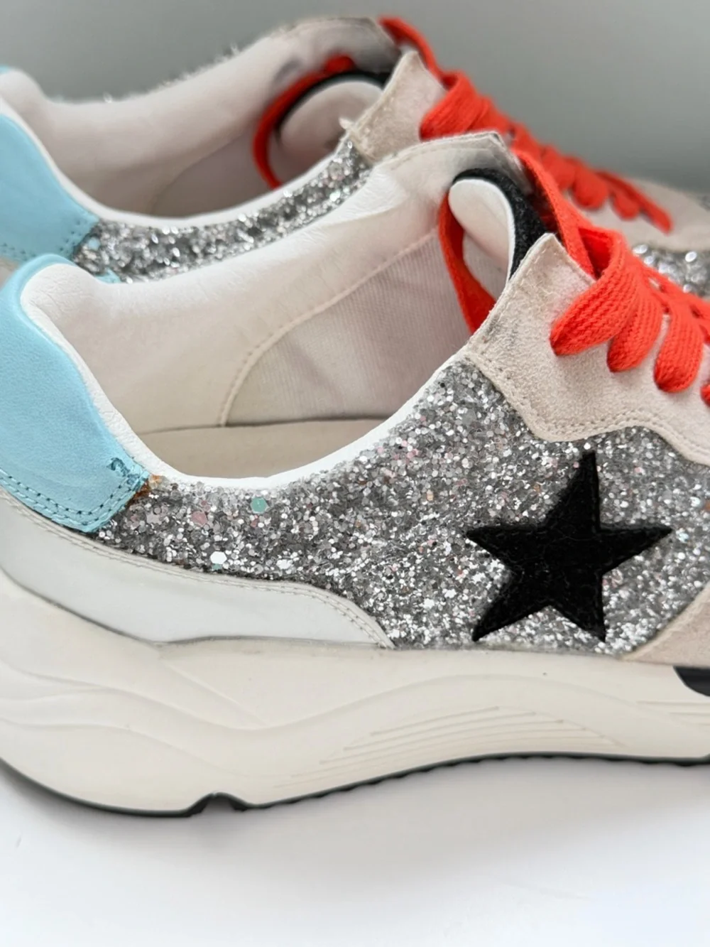 White Raven Glitter Star Sneakers 7 Chunky Platform Y2K Golden Goose Inspired